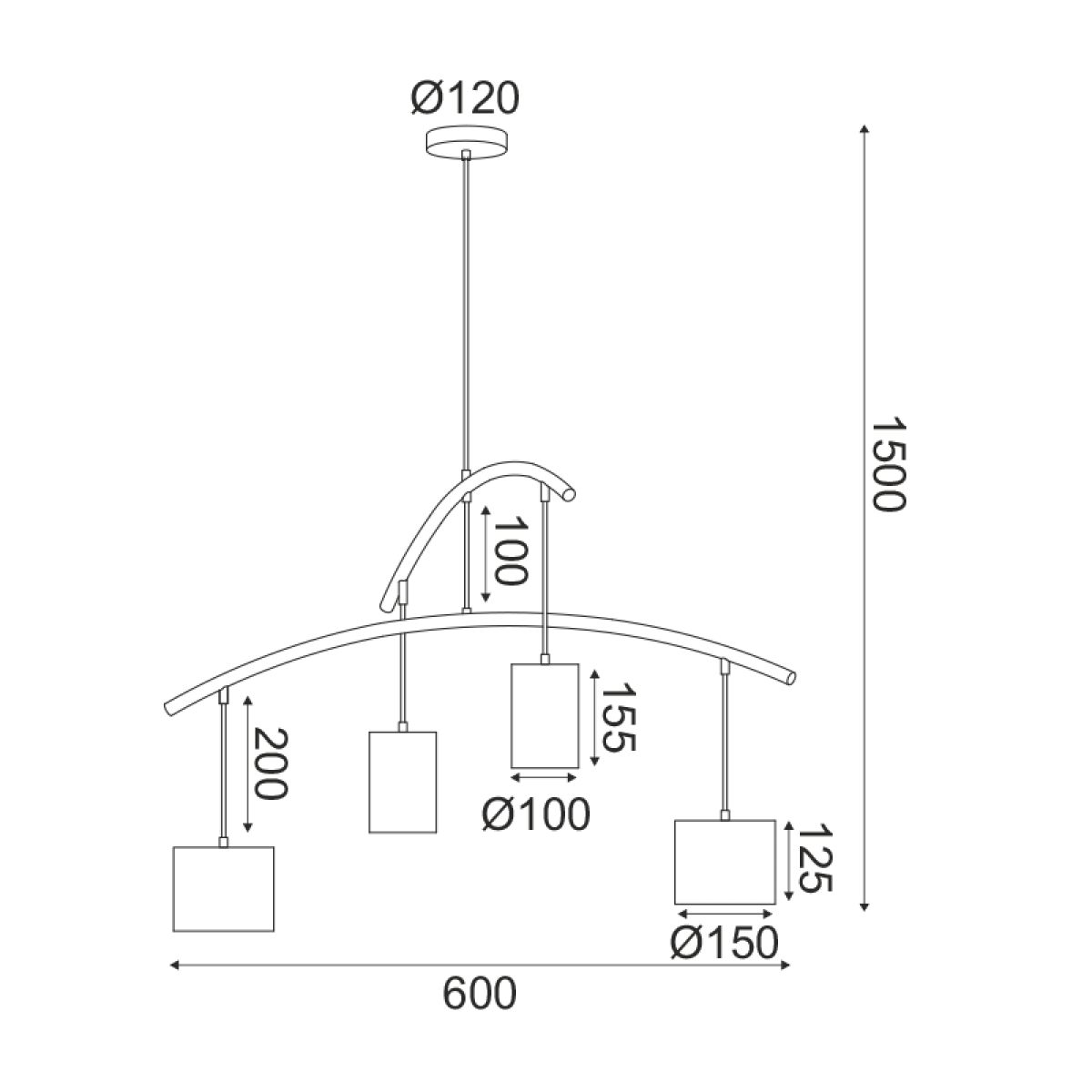 ACA ΚΡΕΜΑΣΤΟ Φ/Σ 4ΧΕ27 ΜΑΥΡΟ ΜΕΤ/ΚΟ Φ60XH150CM ESCALA - Image 2