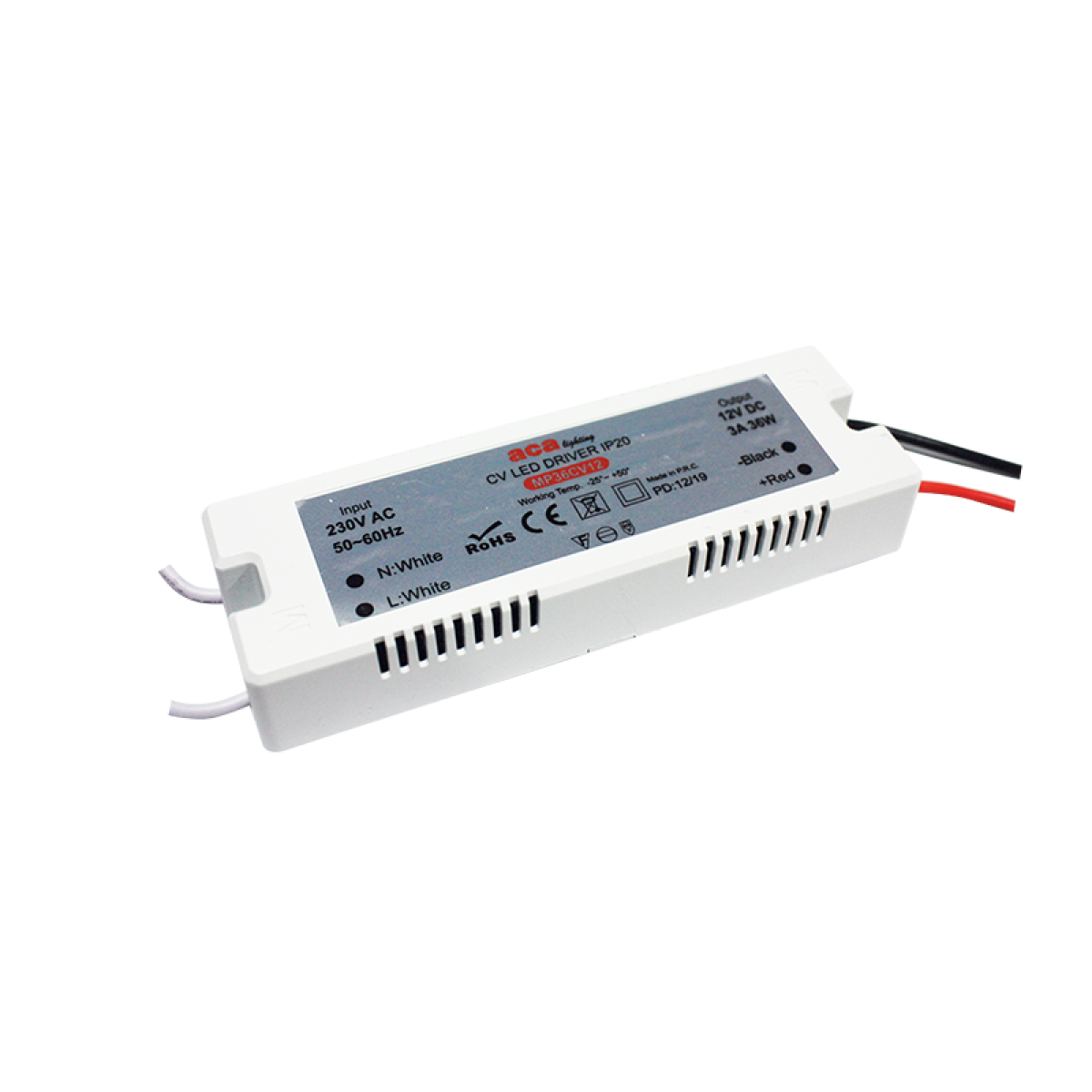 ACA MINI PLASTIC CV LED DRIVER 36W 230V AC-12V DC 3A IP20 WITH CABLES