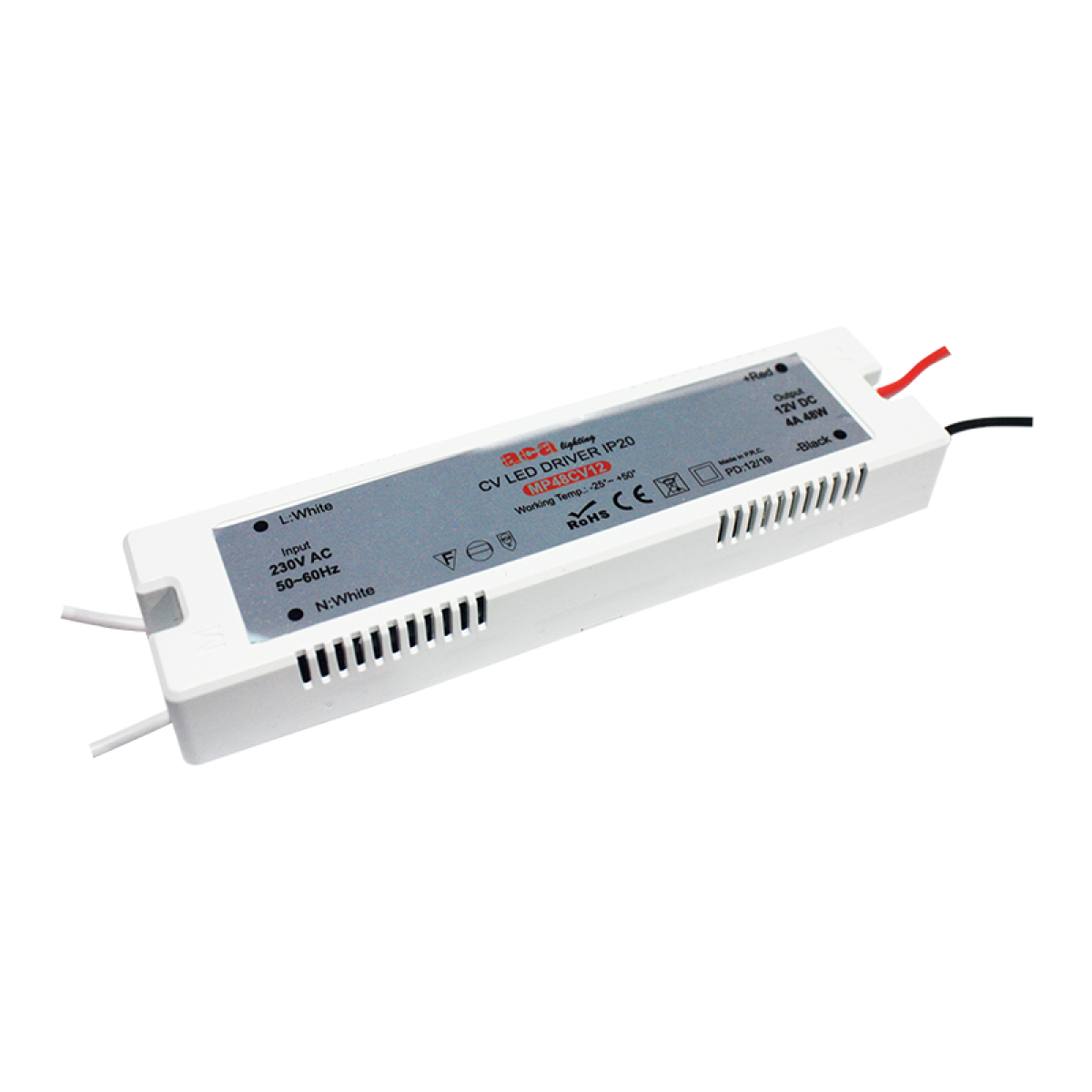 ACA MINI PLASTIC CV LED DRIVER 48W 230V AC-12V DC 4A IP20 WITH CABLES
