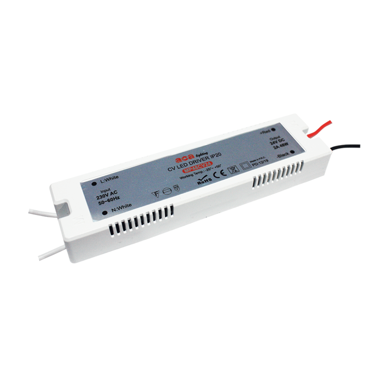 ACA MINI PLASTIC CV LED DRIVER 48W 230V AC-24V DC 2A IP20 WITH CABLES