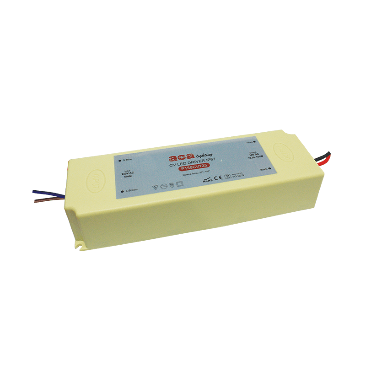 ACA PLASTIC 5YRS CV LED DRIVER 150W 230V AC-12V DC 12.5A IP67 WITH CABLES