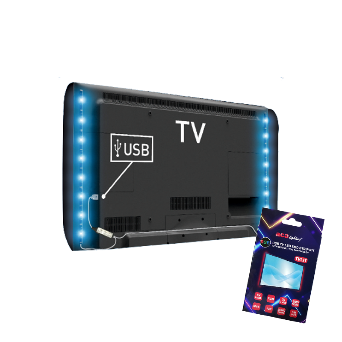 ACA USB TV LED SMD STRIP KIT RGB 2X50CM 2X2.4W IP65 WITH WIRE BUTTON CONTROLLER