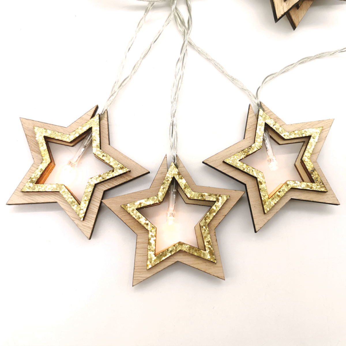 ACA  "WOODEN GOLD GLITTER STARS", 10 LED ΛΑΜΠ. ΣΕΙΡΑ ΜΠΑΤ. (3xAA), WW, IP20, 135+30cm, ΔΙΑΦ. ΚΑΛ. ΤΡΟΦ.