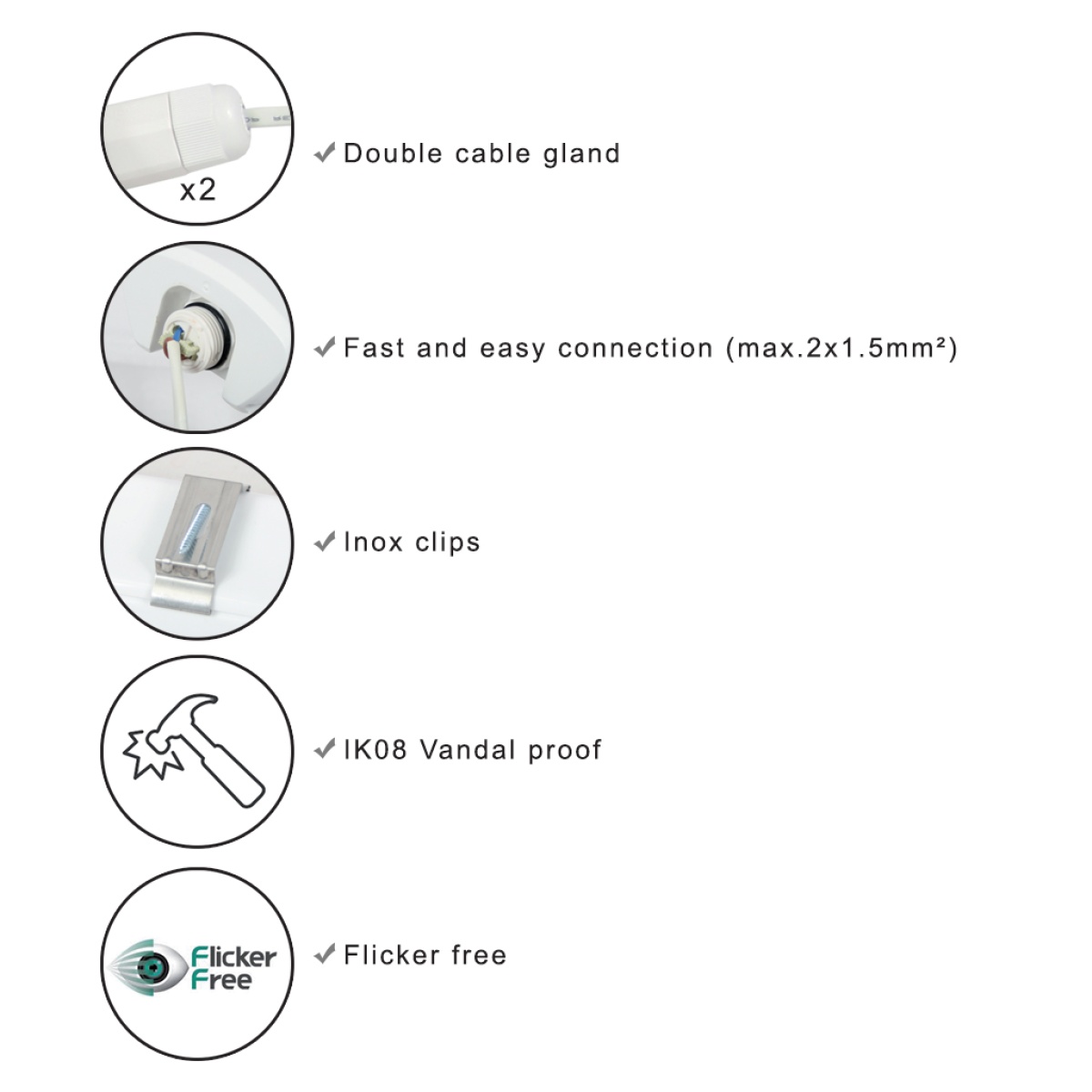 GK Φωτιστικό Led Triproof Λευκό 70W 4000K 150cm IP65 Διπλός Στυπιοθλίπτης IK08,Inox Clips - Image 3