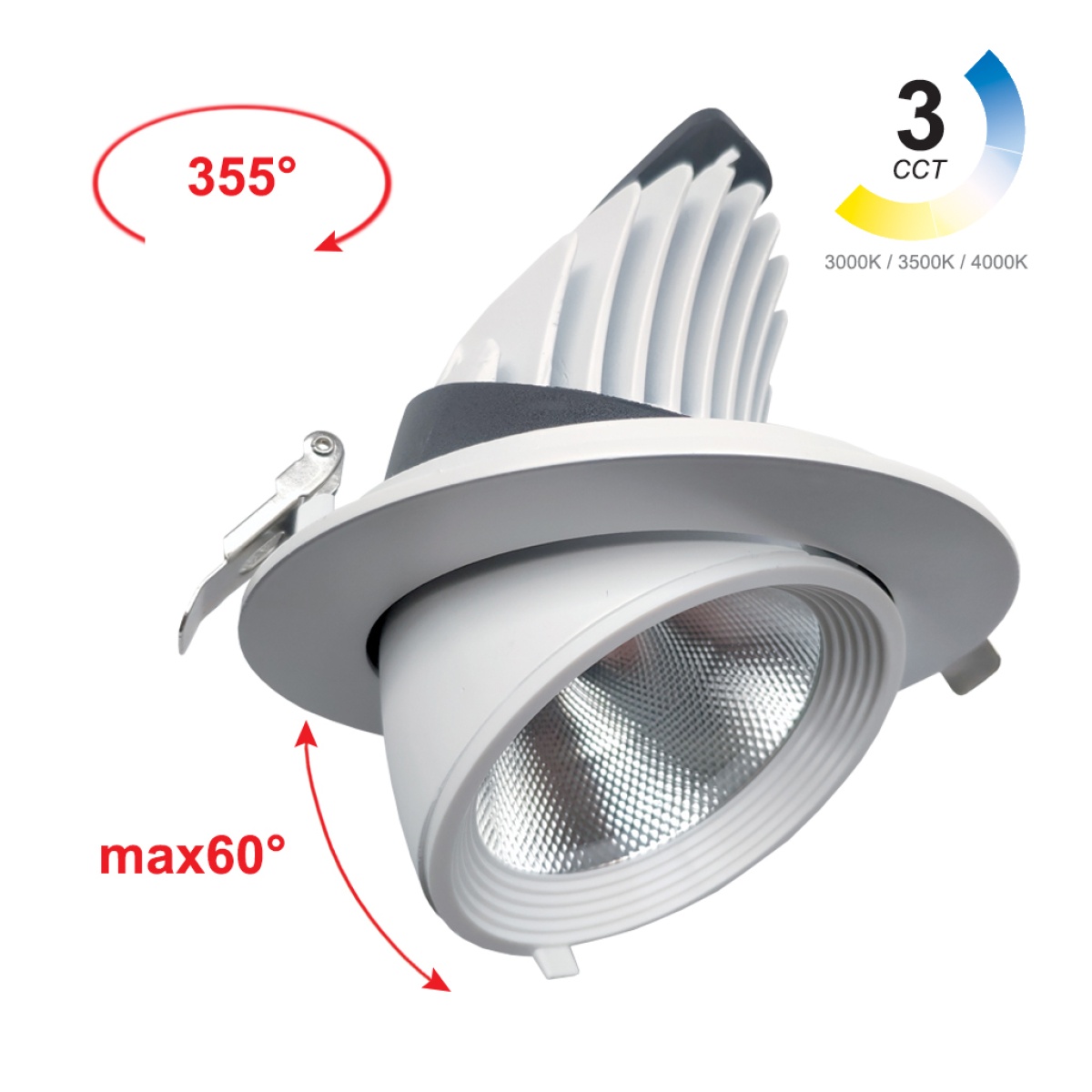 GK Χωνευτό φωτιστικό Roma 30W 3CCT 3000-3500-4000K 36° Λευκό CRI>90 315-720mA 34-38Volt d16h13.5cm 5Έτη